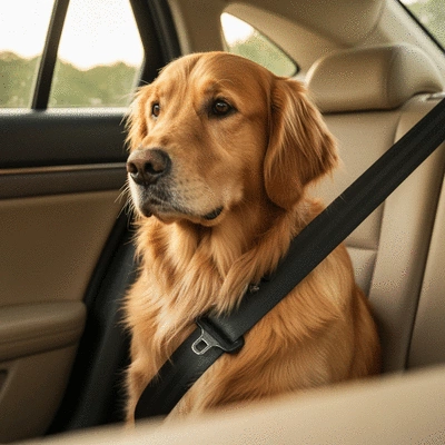 Dog securely buckled into a car seat belt, looking calm and safe