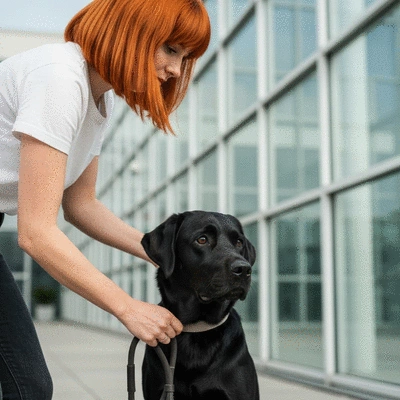 Close-up of a hand adjusting a dog harness on a dog, illustrating proper fit