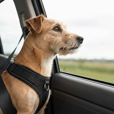 Dog wearing a safety harness, looking comfortably out a car window, with a seatbelt visible, no text, no words, no typography, clean image