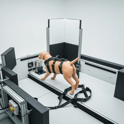 Dog harness being tested in a crash simulation setup with a dummy dog, sterile environment