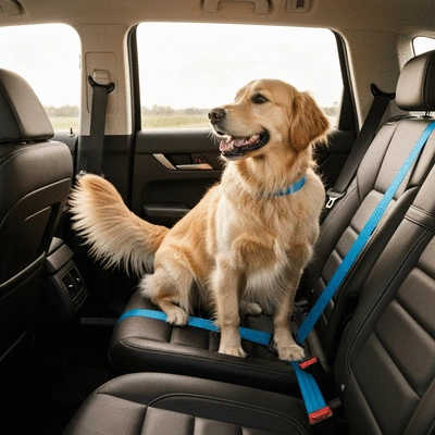 Dog in car with seat belt, looking happy and secure