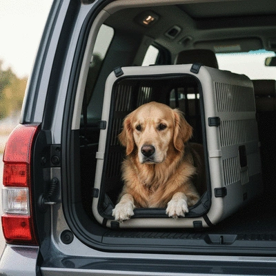Dog in a secure travel crate in the back of an SUV