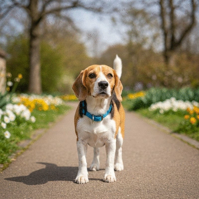 Dog wearing a crash-tested seat belt in a car, looking comfortable and secure