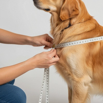 Person accurately measuring a dog's chest circumference for a harness, with a flexible measuring tape, no text, no words, no typography, clean image