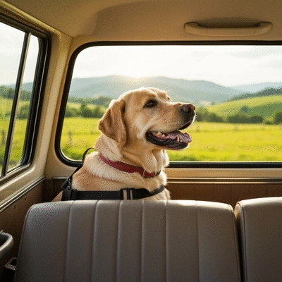 Happy dog on a road trip, safely secured in a car, looking out the window