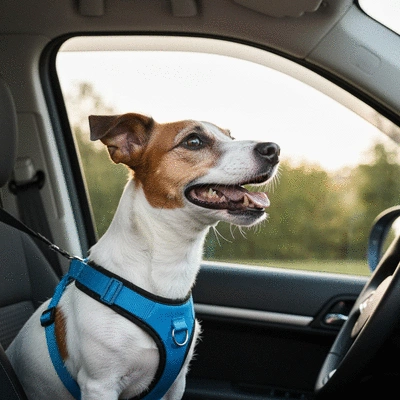 Happy dog wearing a crash-tested harness securely in a car, looking out the window