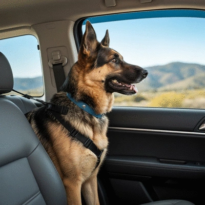 Happy dog safely secured in a car with a restraint system