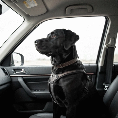 Dog comfortably secured in a car seat belt, looking relaxed