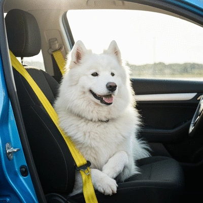 Dog wearing a seat belt in a car, looking comfortable and secure