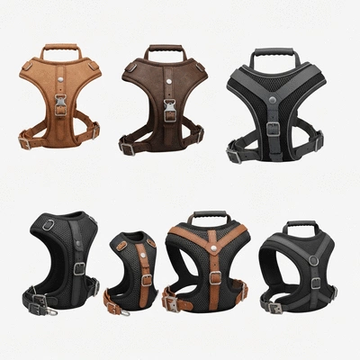 Various dog harnesses displayed neatly on a clean background, showcasing different sizes and materials, no text, no words, no typography, clean image