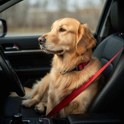 Dog wearing a seatbelt in a car, looking comfortable and secure