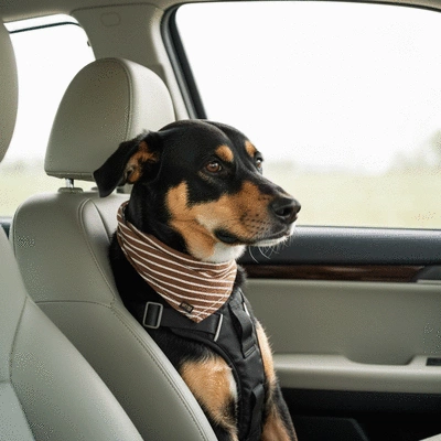 Dog safely secured in a car seat with a seat belt harness, looking calm and comfortable, no text, no words, no typography, clean image